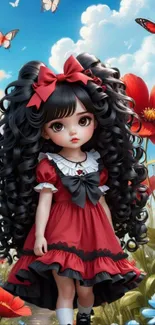 Doll with curly hair in red dress amidst flowers and butterflies.