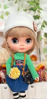 A charming doll with flowers in a nature-inspired setting.