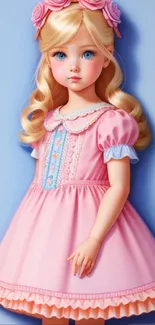 Charming doll in a pink dress with a blue background and floral crown.