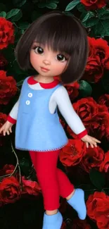 Adorable doll with red roses background wallpaper.