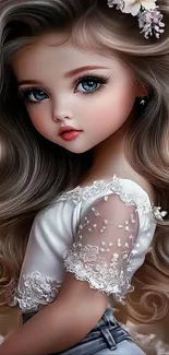 Doll-like digital illustration of a girl with intricate details.