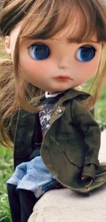 Cute doll with blue eyes sitting outdoors on grass.