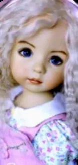 Charming doll portrait with curly hair and soft pastel colors.