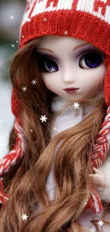 Doll with red knit hat in snow.