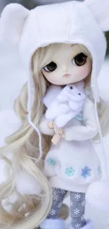 Cute doll in winter attire with snowy background.