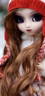 Captivating doll with red hat and long hair in winter setting.