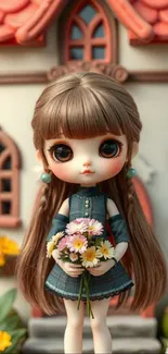 A cute doll holding flowers in front of a dollhouse