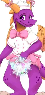 Colorful cartoon dragon chef with purple skin and charming outfit.