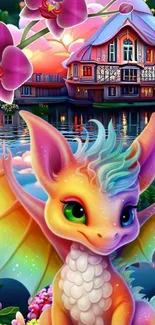 Charming dragon with orchids by a lake in vibrant fantasy art.