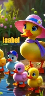 Duck family with a cute sunhat by the pond.