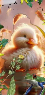 Cute fluffy duckling with frog and flowers.