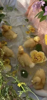 Adorable ducklings enjoy a floral bath amidst colorful blossoms.