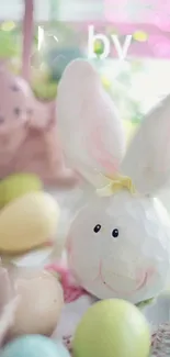 Easter bunny with pastel eggs, perfect for spring.