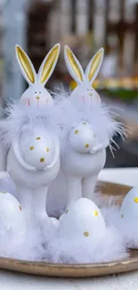 Whimsical Easter bunnies with fluffy feathers and eggs on a golden platter.