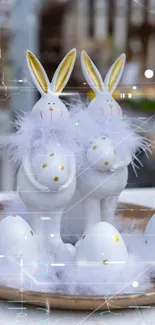 Easter bunny decor with eggs on a plate.