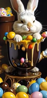 Whimsical Easter bunny with colorful eggs