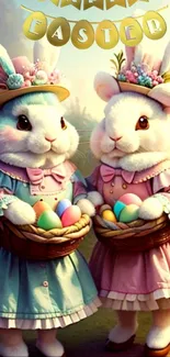 Adorable Easter bunnies in festive attire with colorful eggs.