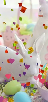 Charming Easter bunnies with pastel eggs and floral decor.