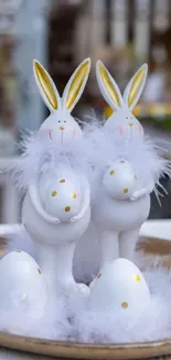 Charming Easter bunnies with golden eggs and feather decor.