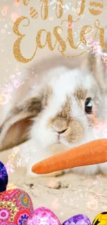 Easter wallpaper with bunny, eggs, and carrot.