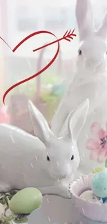 Porcelain Easter bunnies with eggs and heart arrow design.