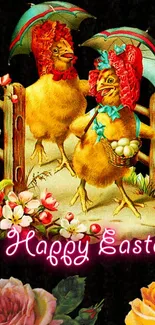 Vintage Easter chickens with bonnets and flowers on festive wallpaper.