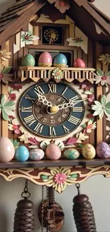 Charming cuckoo clock with Easter decorations and floral patterns.