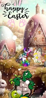 Whimsical Easter wallpaper with bunnies, pastel eggs, and a cottage in snowy landscape.