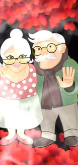 Cartoon elderly couple surrounded by red hearts in a whimsical mobile wallpaper.