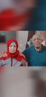 Elderly couple smiling warmly at home.