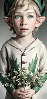 Portrait of an enchanting elf child in fantasy attire holding flowers.