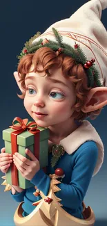 Festive elf holding a present with a playful smile and holiday decorations.