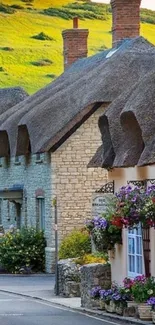 Picturesque English cottages with gardens and lush countryside background.