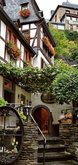 Charming European alley with flowers and brick architecture.