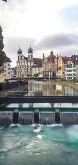 Mobile wallpaper of a European town with river