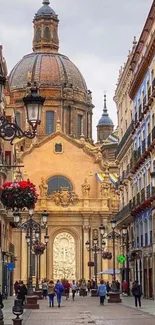 Historic European street with ornate architecture.