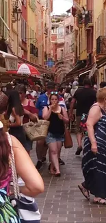 Crowded European street with colorful buildings and lively atmosphere.