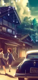 Anime evening scene with stars and vintage car.