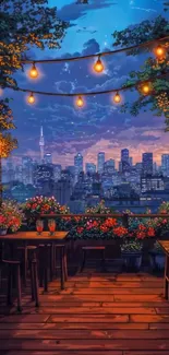 Cityscape with rustic lanterns and evening skyline.