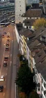 Evening cityscape with historic architecture and road traffic.