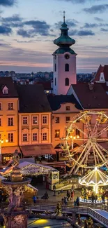 Evening cityscape with ferris wheel and historic buildings.