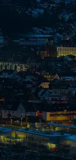 Nighttime cityscape with lit buildings and vibrant urban atmosphere.