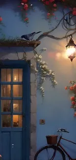 Charming courtyard with bicycle and flowers at evening