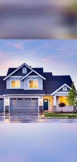 Beautiful suburban home at dusk with a blue sky backdrop.