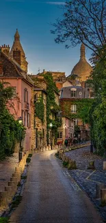 Charming evening view of a Paris street with historic architecture.