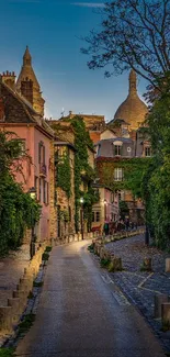 Charming evening street with historical architecture and soft lighting.