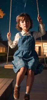 Girl on a swing under starry night sky