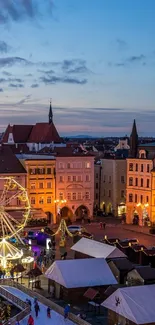 A charming evening townscape with lights and a ferris wheel.