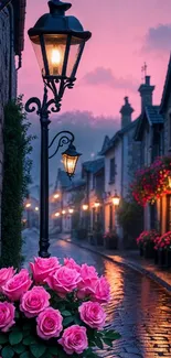 Charming village street at dusk with roses and lamppost.