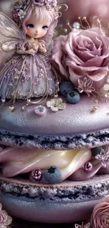 Adorable fairy sitting atop a purple macaron with flowers.